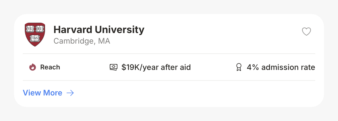 Picka's college search with a saved list organized into safety, target, and reach categories