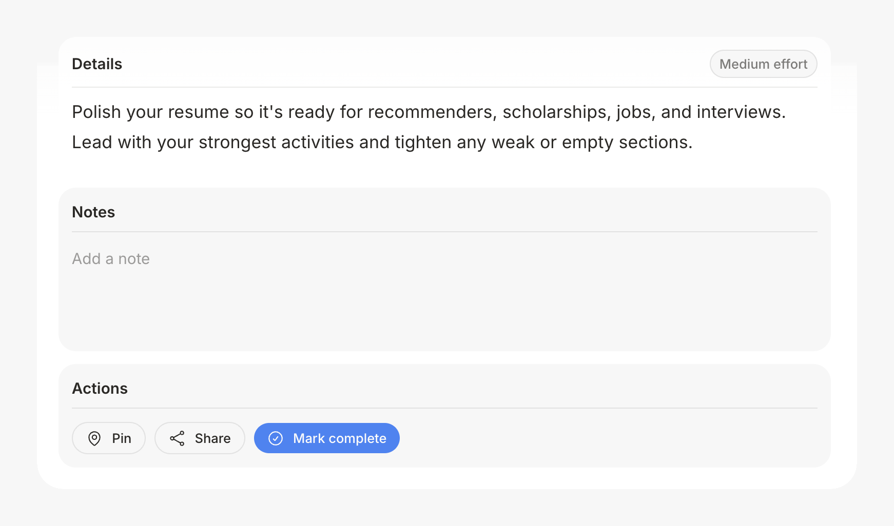 Picka's task board tracking application and financial aid deadlines for each school